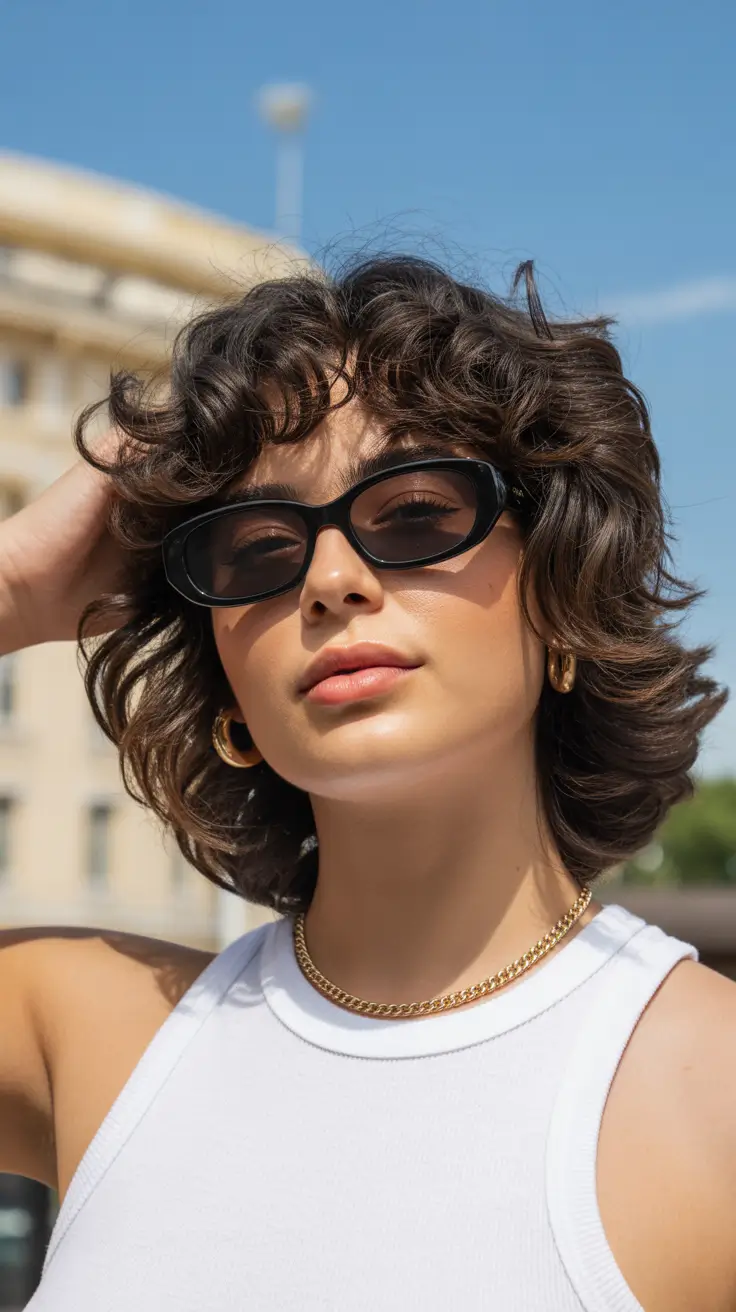 subtle spring brunette hair color 2026 Curly Shag-Inspired Brunette with Sunlit Edges