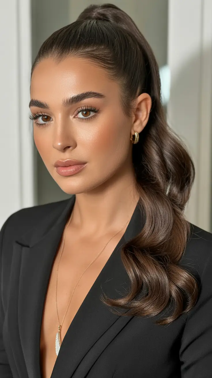 subtle spring brunette hair color 2026 Polished High Pony with Espresso-Satin Lengths
