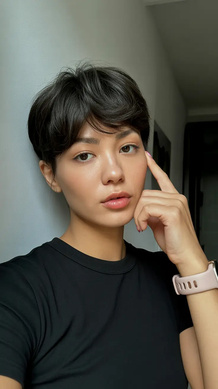 warm spring hair color ideas 2026 to look younger Soft Espresso Pixie With Natural Warm Balance