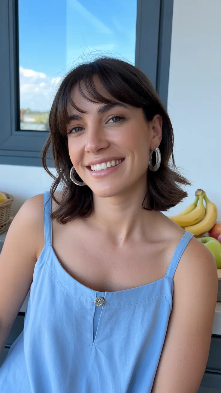 warm spring hair color ideas 2026 to look younger Soft Brunette Lob With Airy Fringe