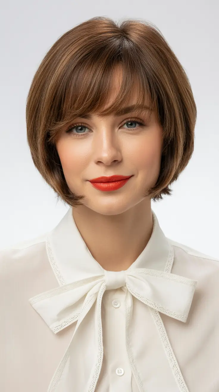 warm spring hair color ideas 2026 to look younger Warm Chestnut Bob With Soft Fringe