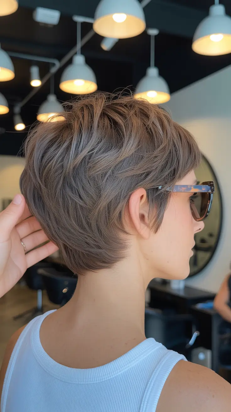warm spring hair color ideas 2026 to look younger Smoky Taupe Pixie With Modern Edge