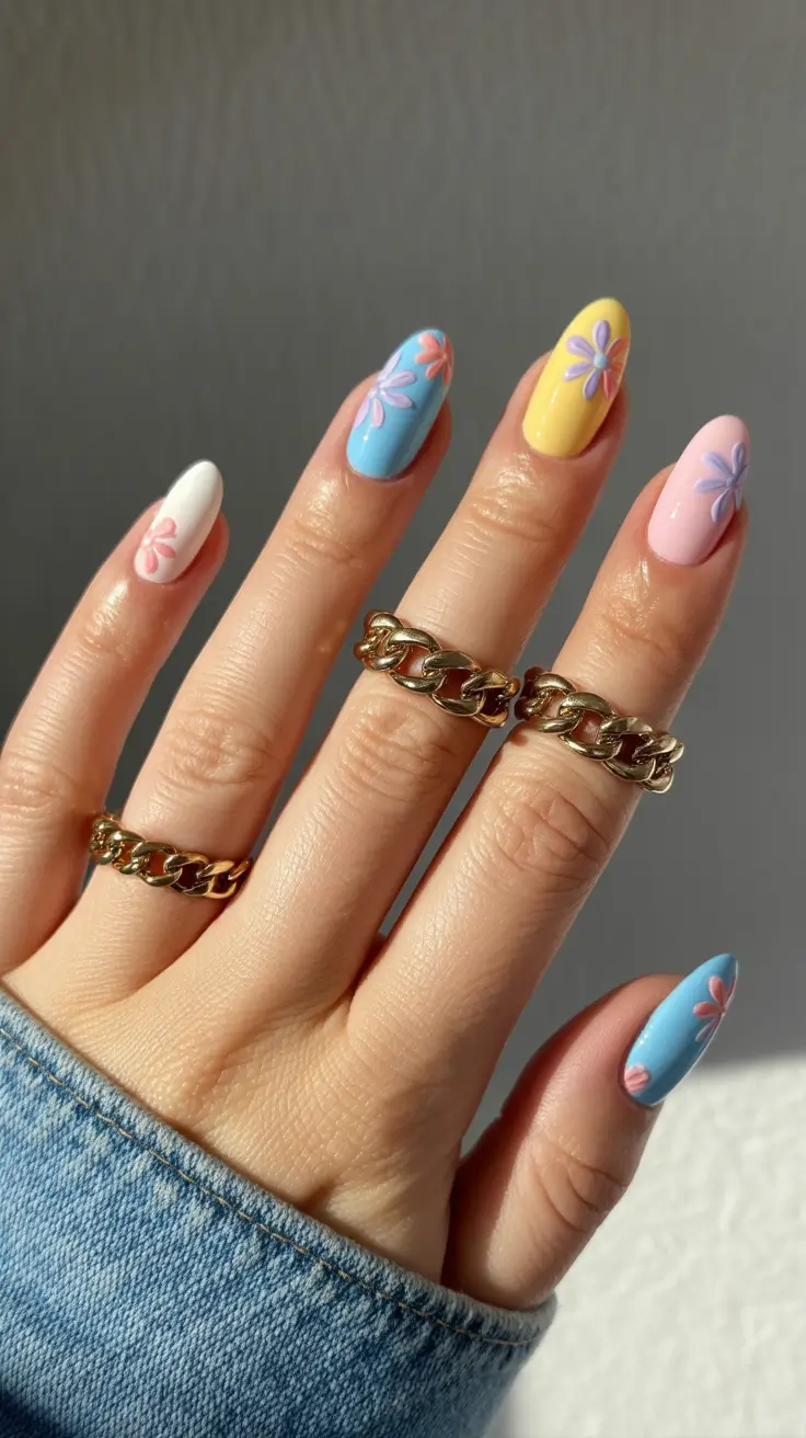 april nails ideas 2026 Pastel Daisy Almond Nails for Soft Easter Energy