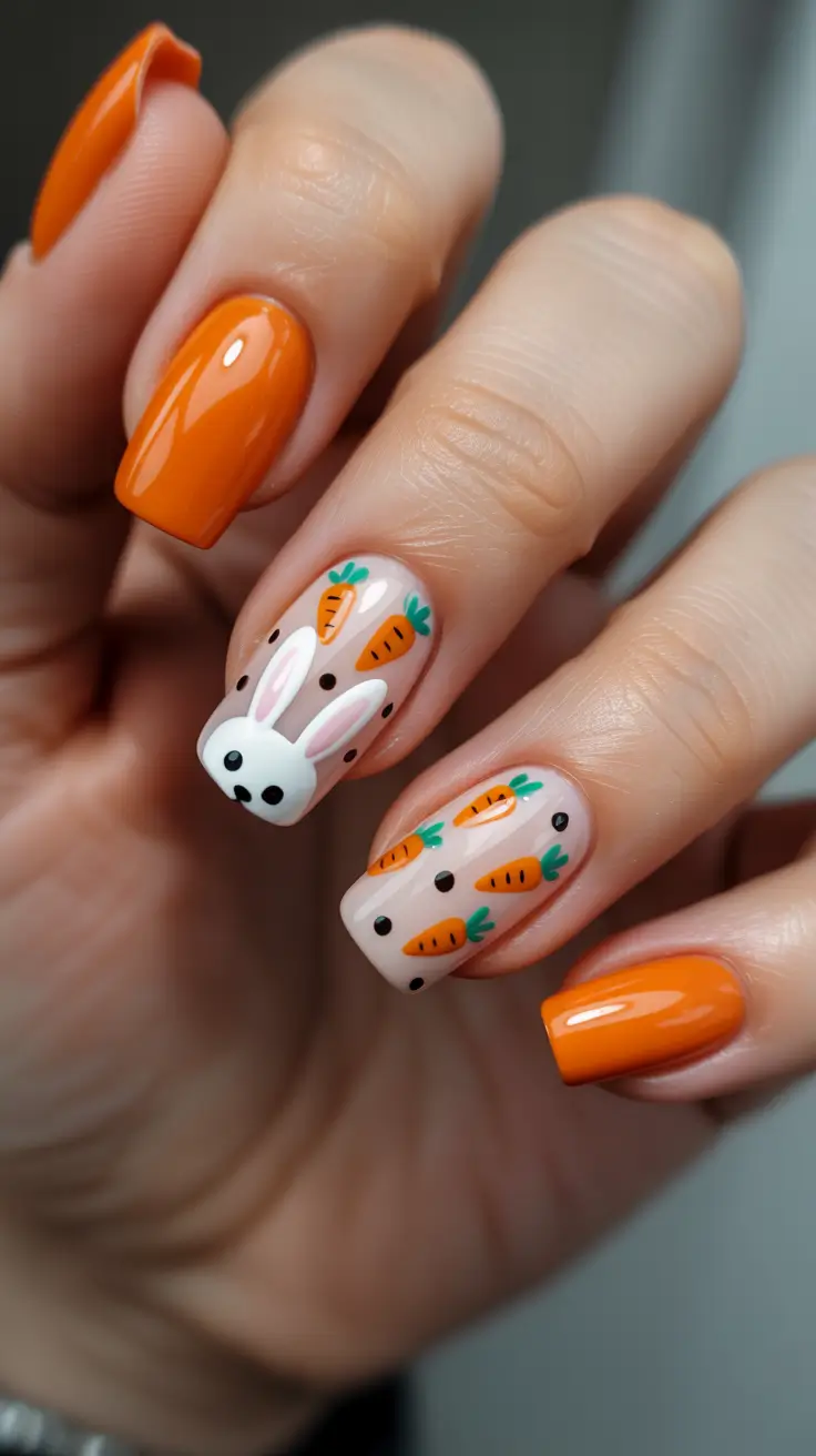 april nails ideas 2026 Cute Easter Bunny Square Nails with Playful Carrot Art