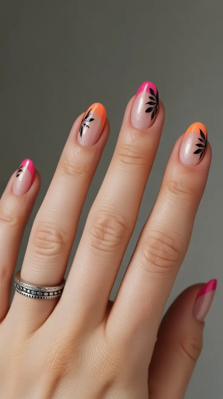 april nails ideas 2026 Neon Botanical French Almond Nails for Bold April Style