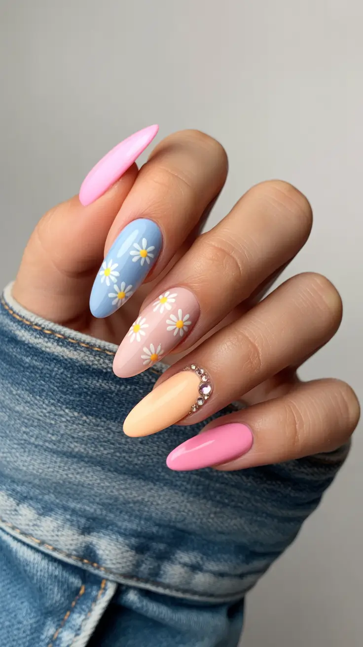 april nails ideas 2026 Pastel Daisy Almond Nails with Soft Spring Sparkle