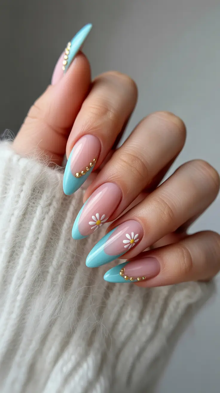 april nails ideas 2026 Turquoise French Almond Nails with Minimal Daisy Details