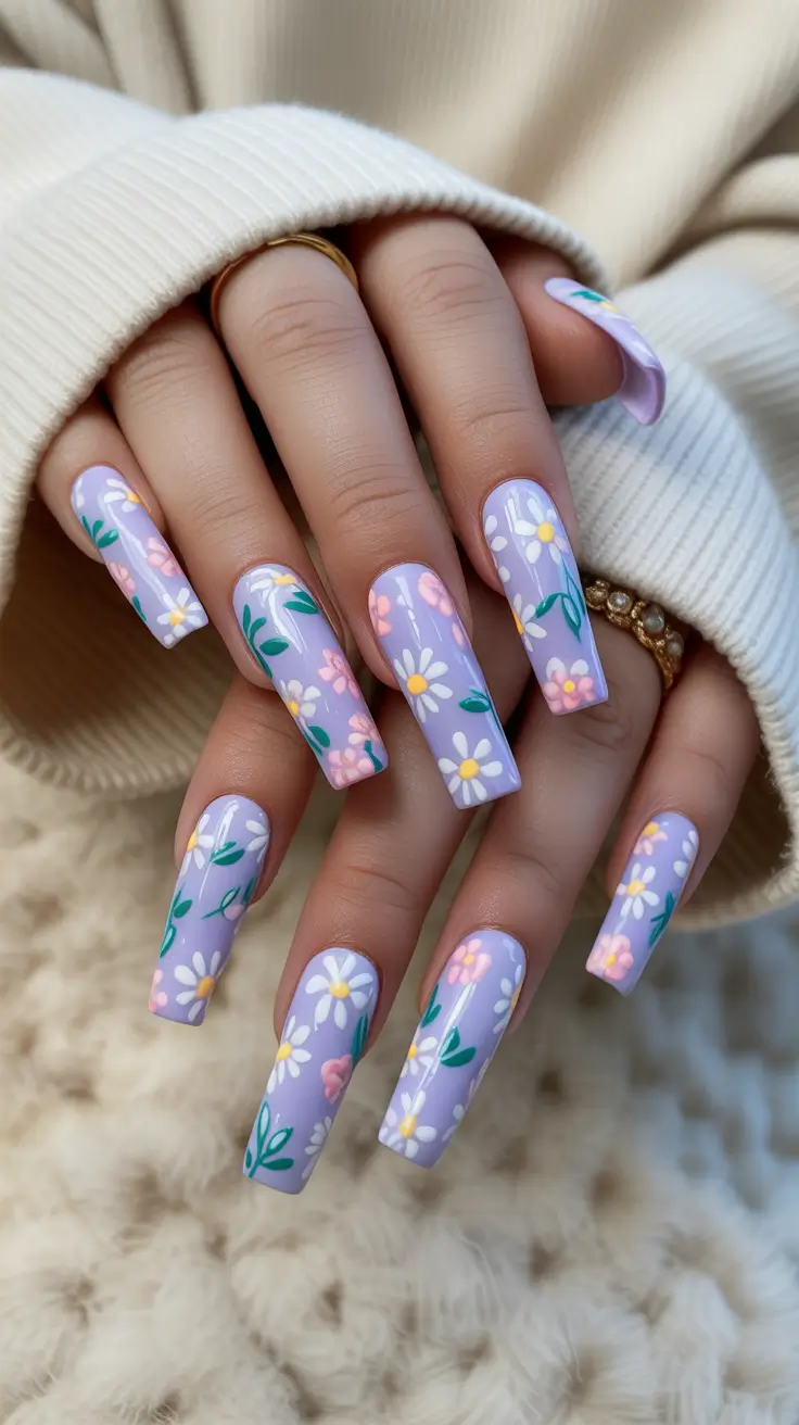 april nails ideas 2026 Lavender Floral Square Acrylic Nails for Romantic Spring Statements