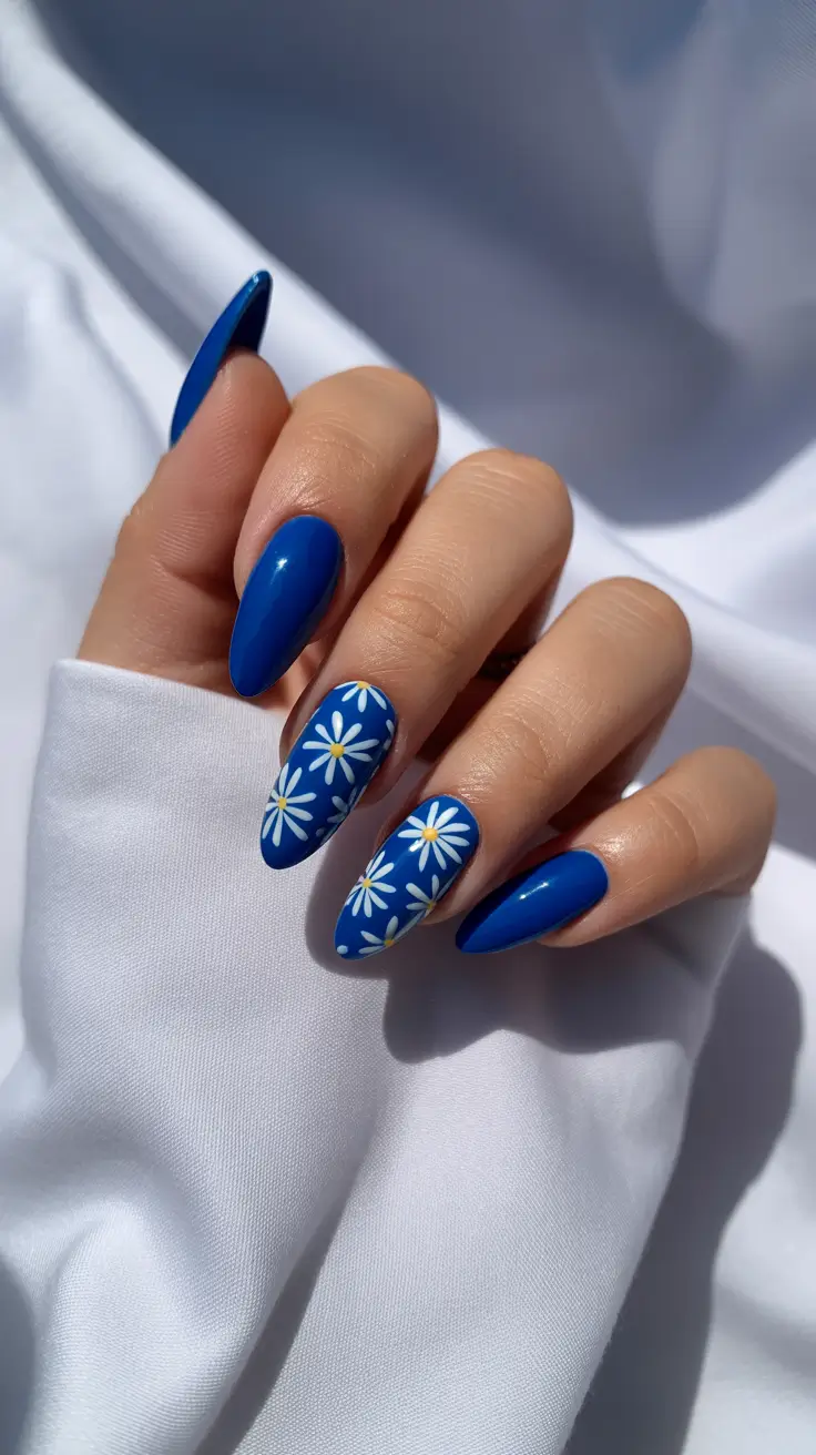april nails ideas 2026 Royal Blue Daisy Almond Nails for Fresh April Confidence
