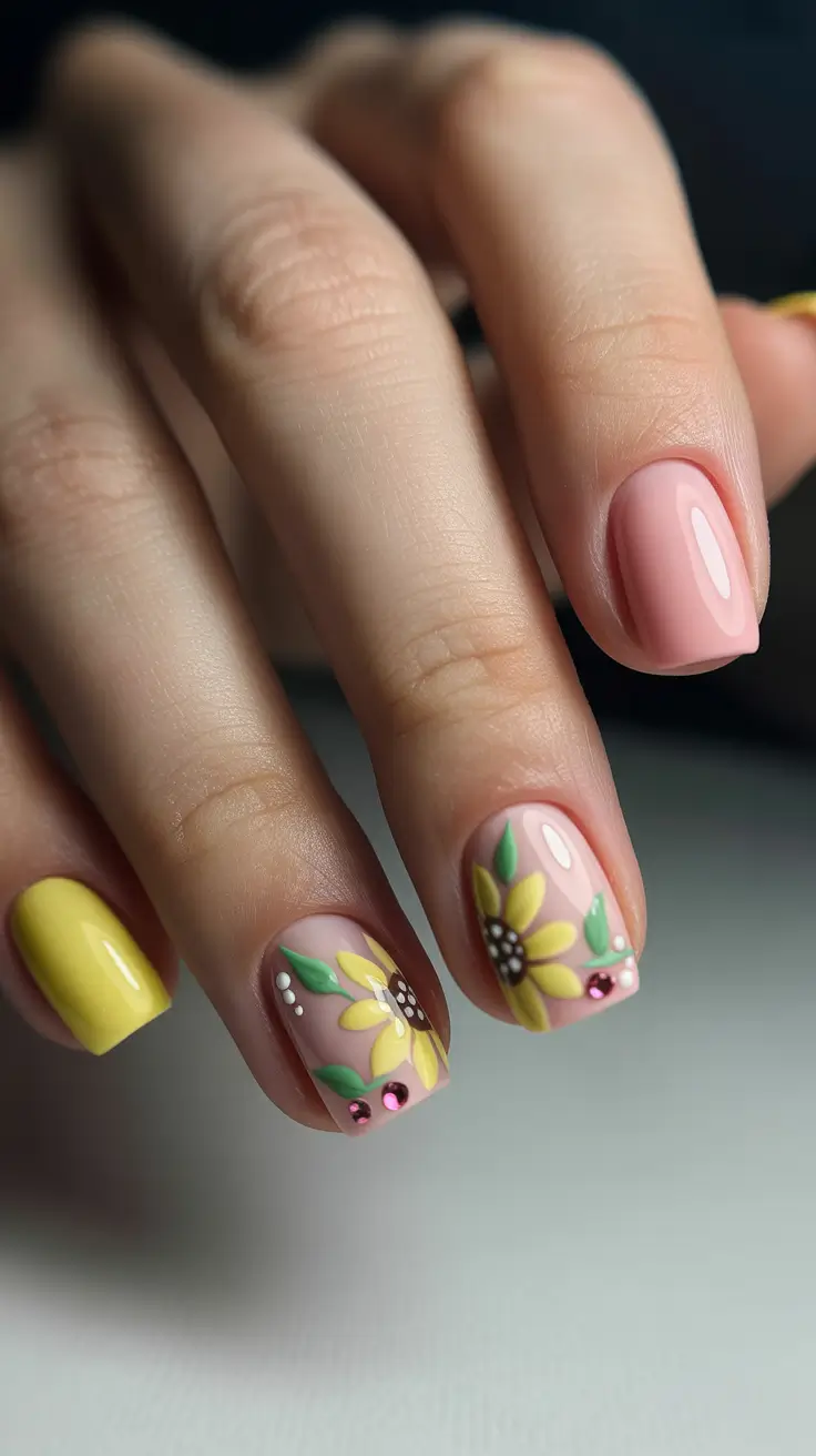 april nails ideas 2026 Short Spring Sunflower Nails for Simple April Charm