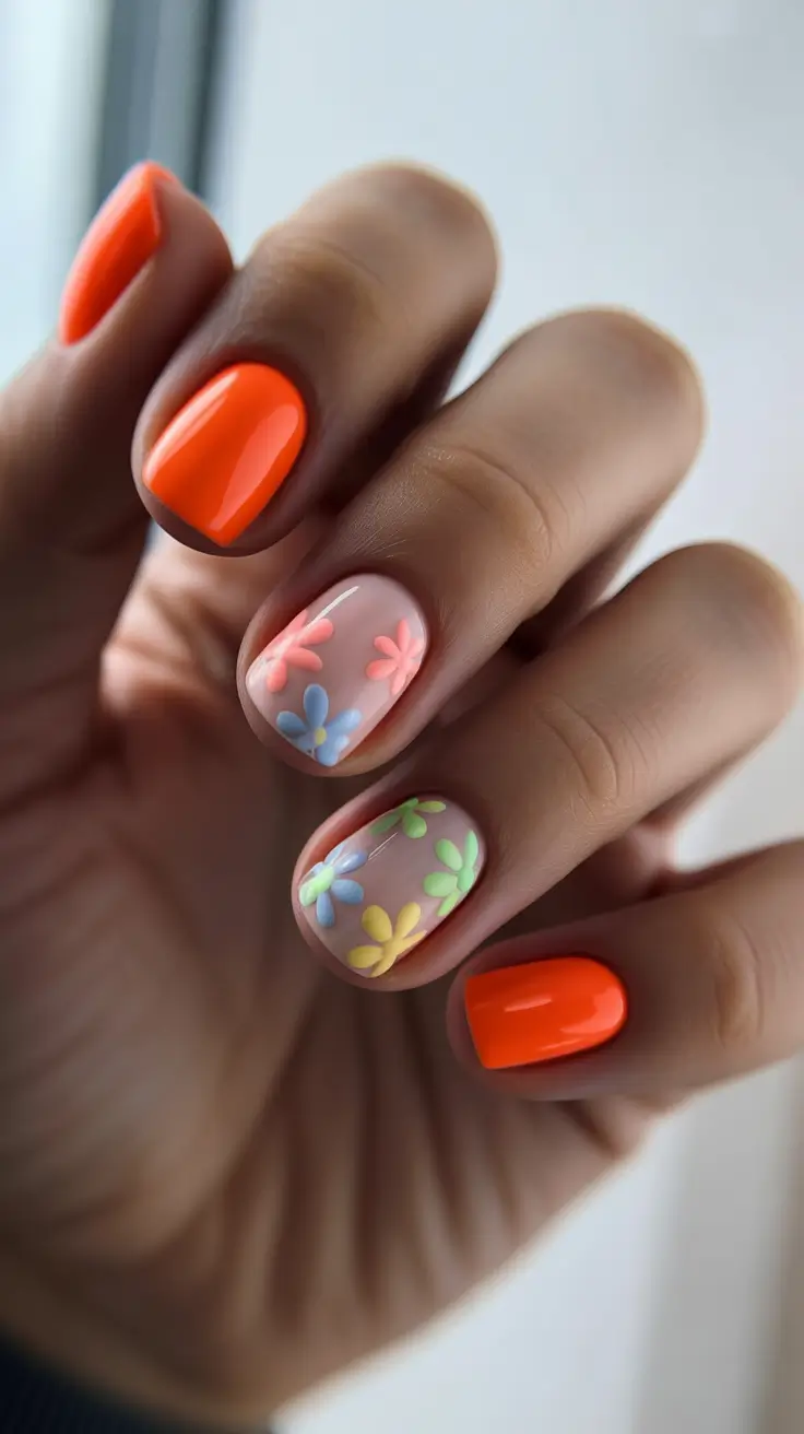 april nails ideas 2026 Bright Floral Short Nails with Playful Spring Confidence
