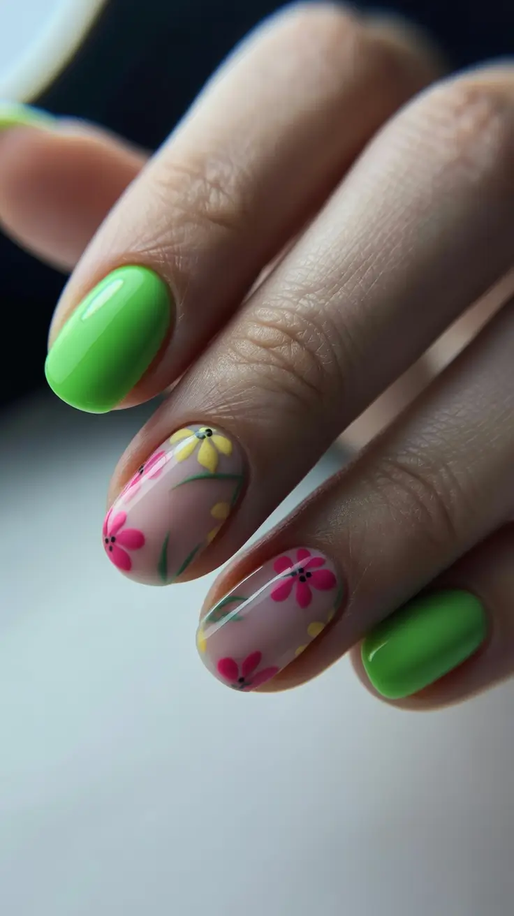 april nails ideas 2026 Fresh Green Floral Short Nails for Playful Spring Energy