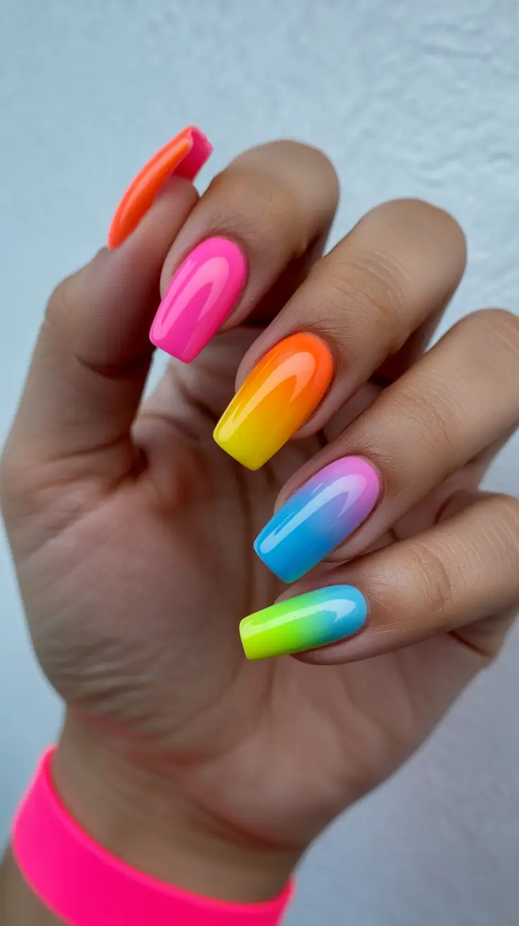april nails ideas 2026 Rainbow Ombre Square Nails for Joyful Spring Statements