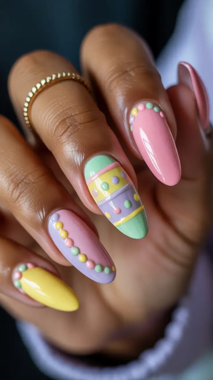 april nails ideas 2026 Pastel Easter Almond Nails with Sweet 3D Details
