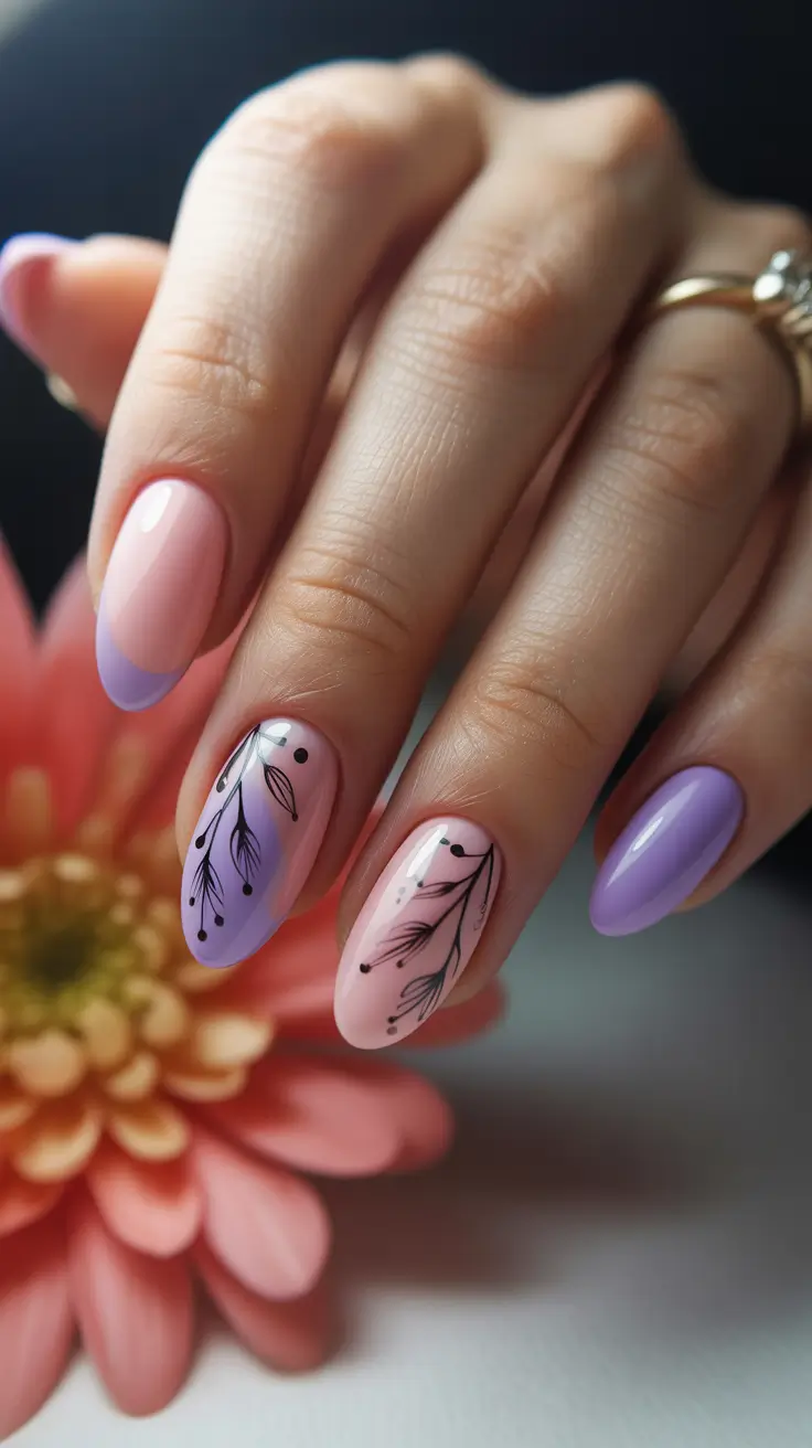 april nails ideas 2026 Lavender Botanical Almond Nails for Calm Spring Mornings