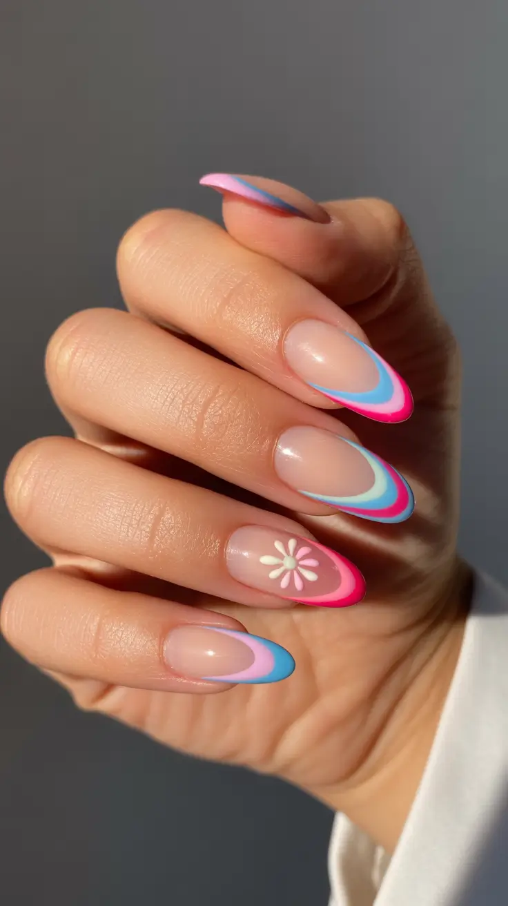april nails ideas 2026 Retro Pastel French Tips with Playful Easter Daisy Accent