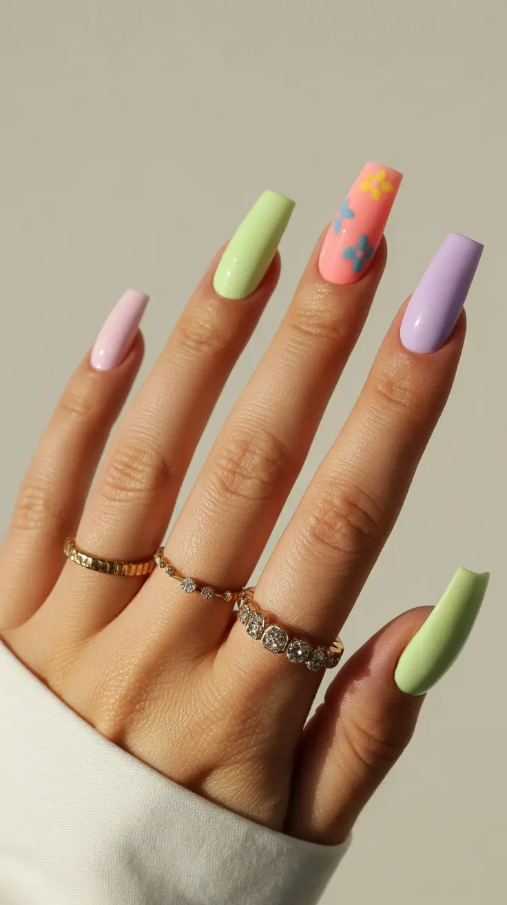april nails ideas 2026 Spring 2026 Square Pastel Blocks with Floral Pop