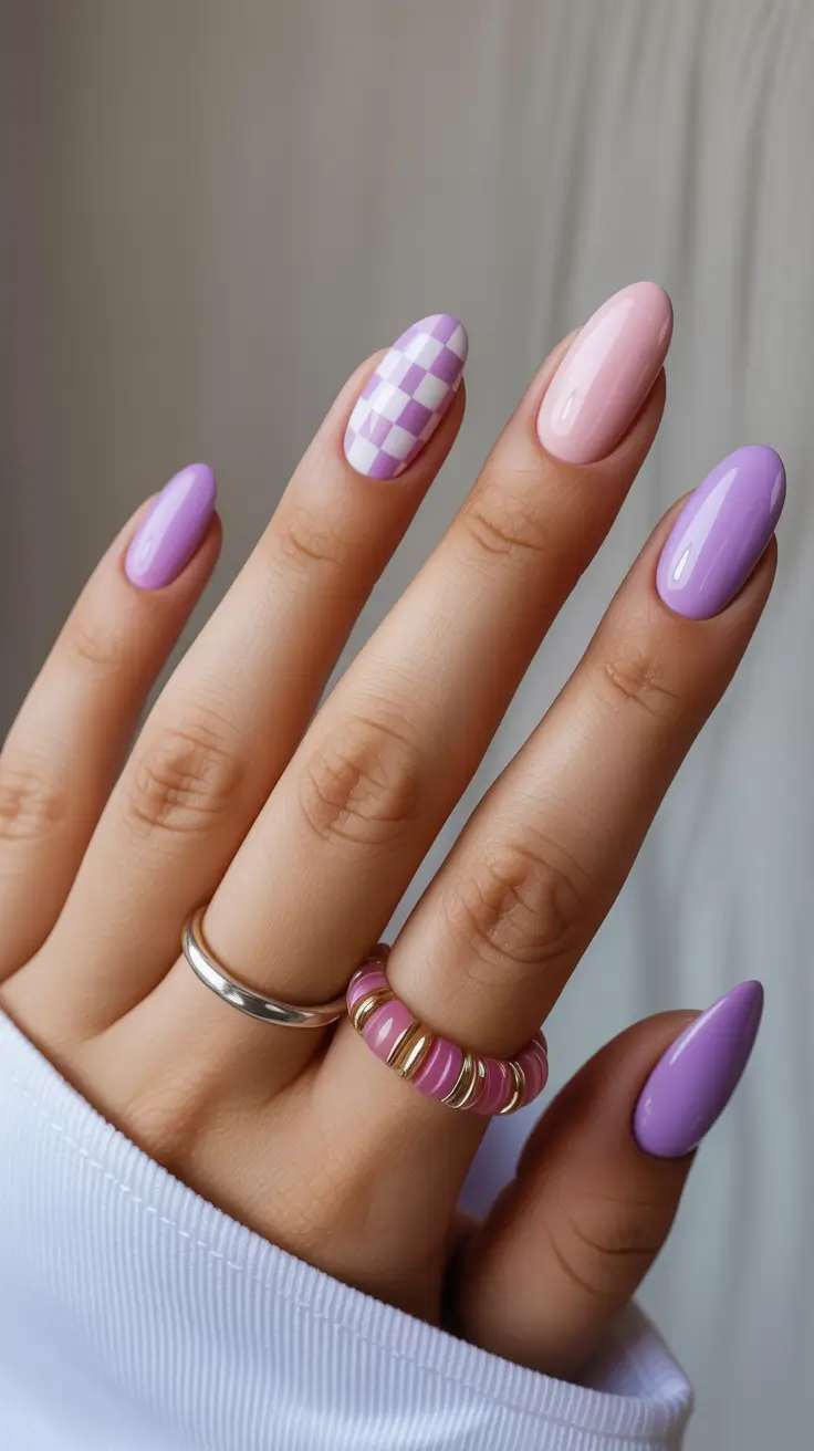 april nails ideas 2026 Soft Checkerboard Lavender Almond Nails for Minimal Spring Style