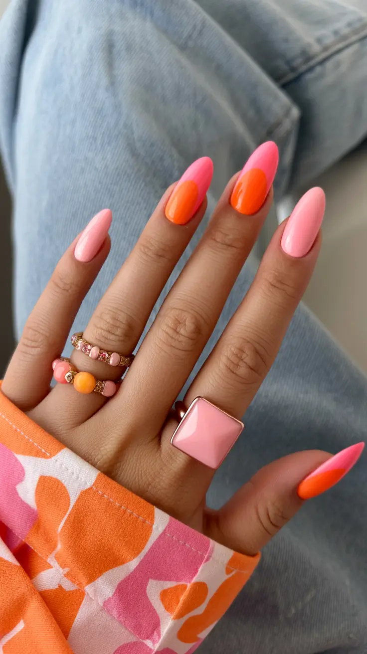 boho spring almond nails 2026 Retro Pop Pink and Orange Almond