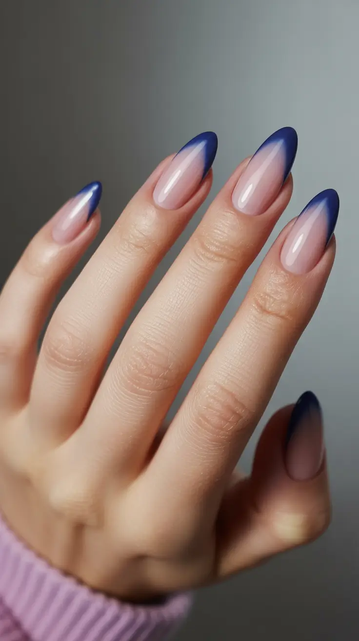 boho spring almond nails 2026 Deep Blue Soft Ombre Tips