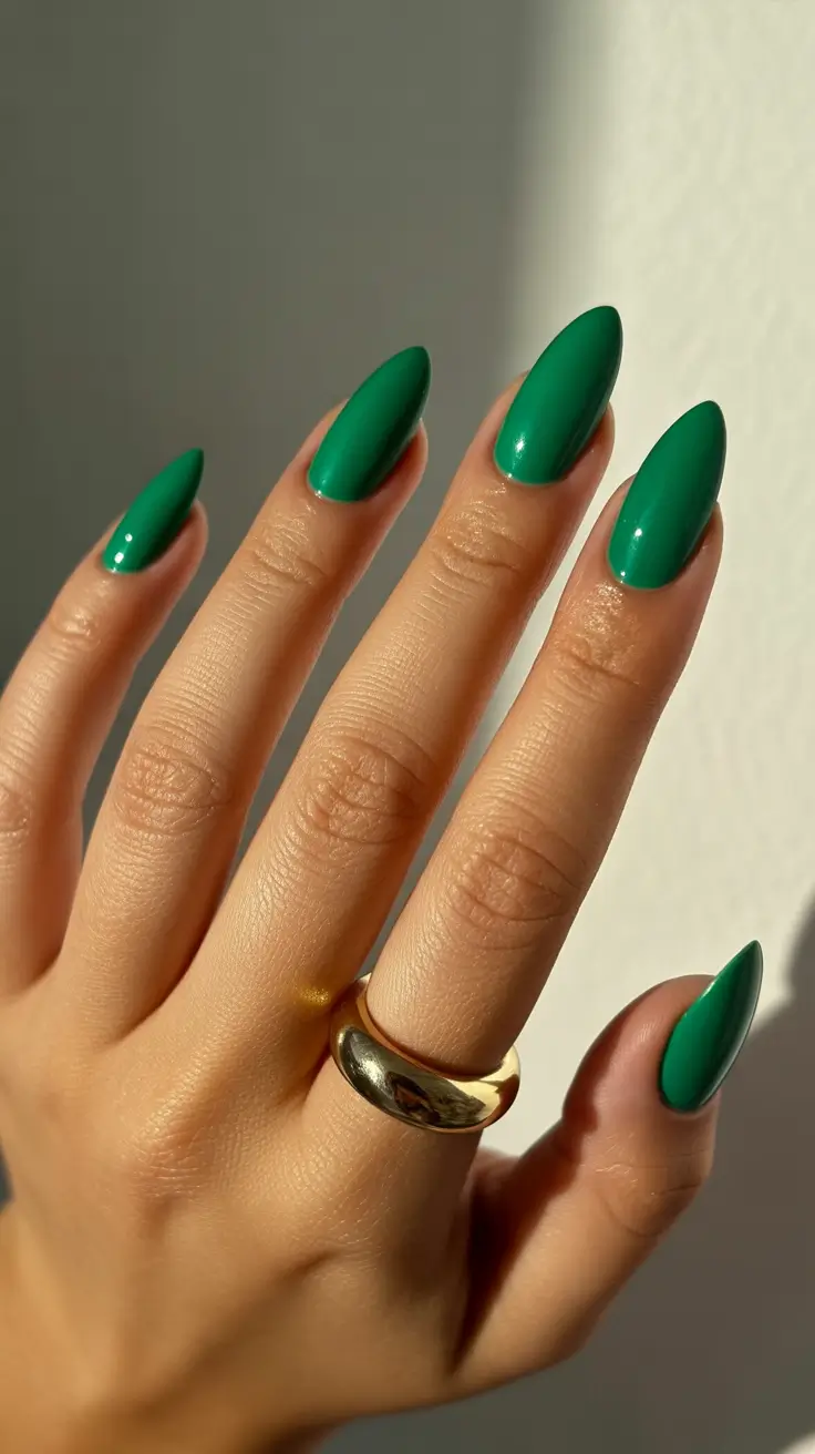boho spring almond nails 2026 Bold Emerald Gloss Almond