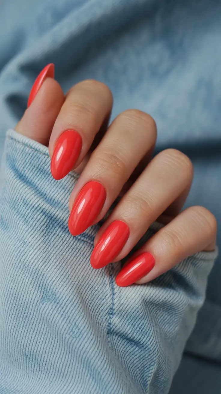 boho spring almond nails 2026 Glossy Coral Almond Statement