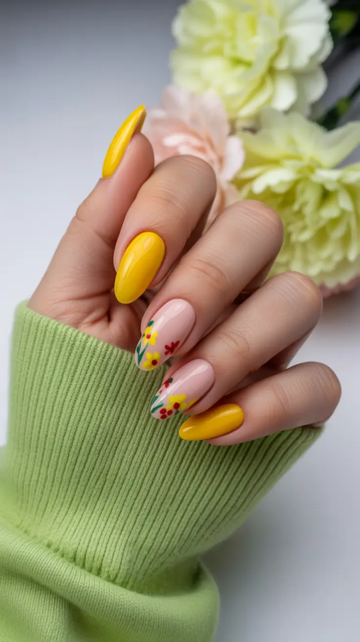 boho spring almond nails 2026 Sunny Yellow Floral Garden