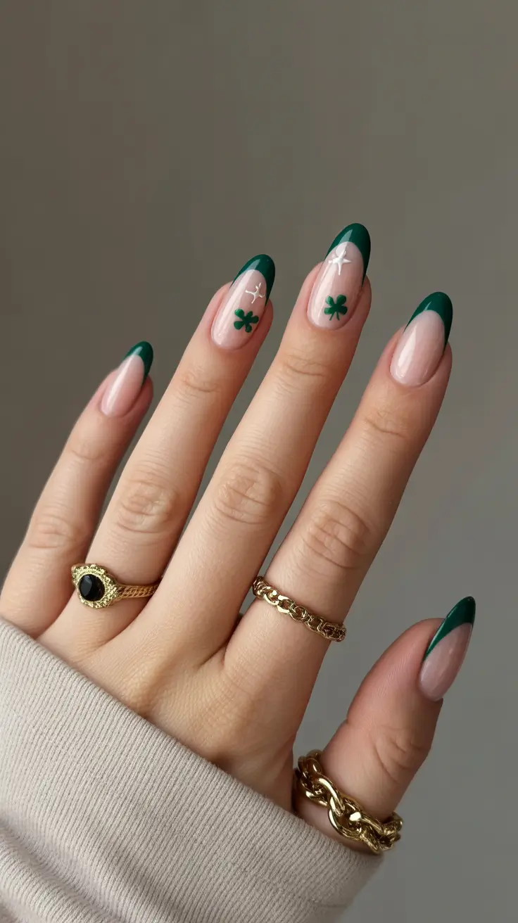 boho spring almond nails 2026 Emerald French Clover Charm