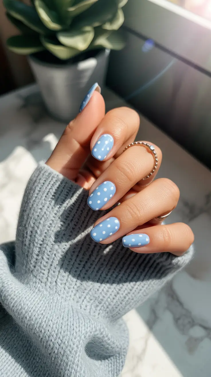 boho spring almond nails 2026 Soft Blue Polka Dot Almond Charm