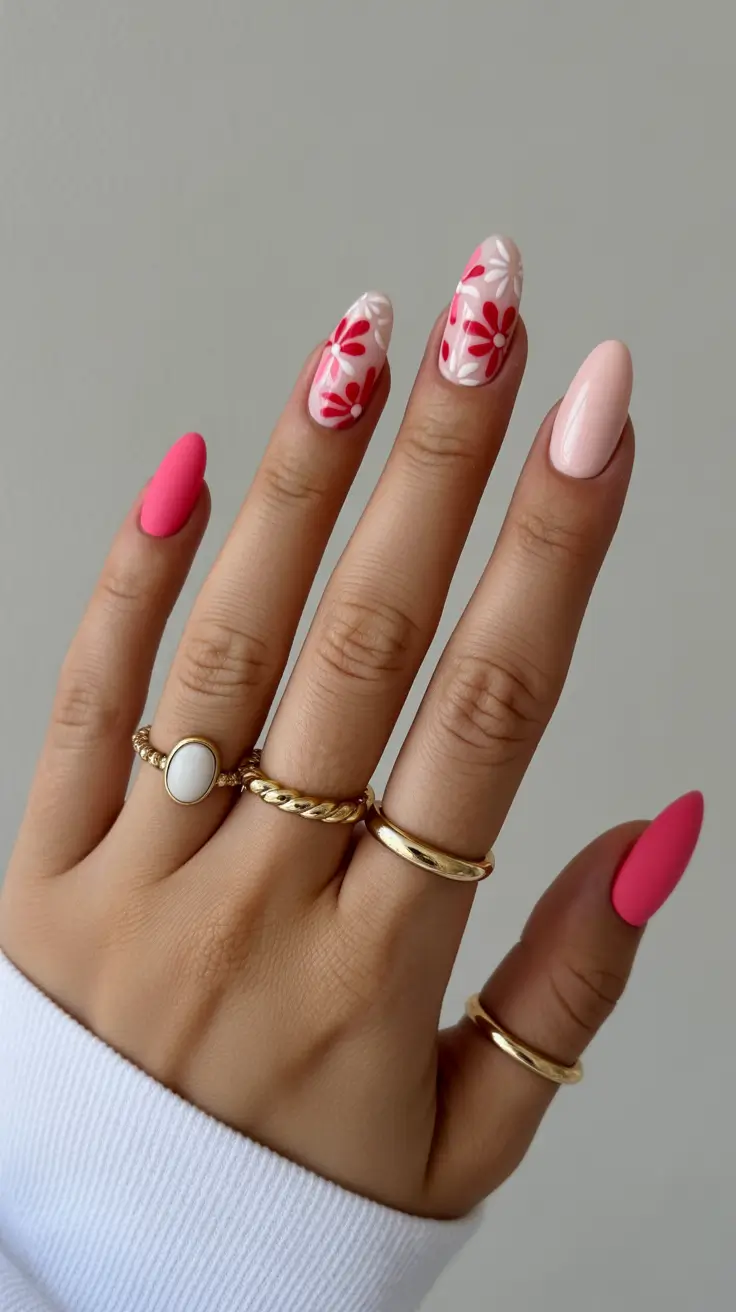 boho spring almond nails 2026 Pink Daisy Boho Bloom