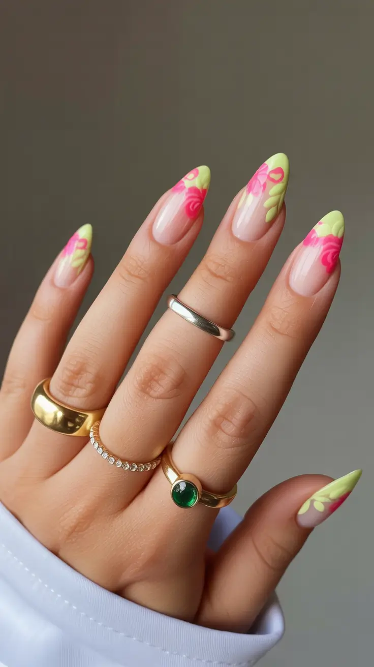 boho spring almond nails 2026 Soft Lime Floral Boho Tips