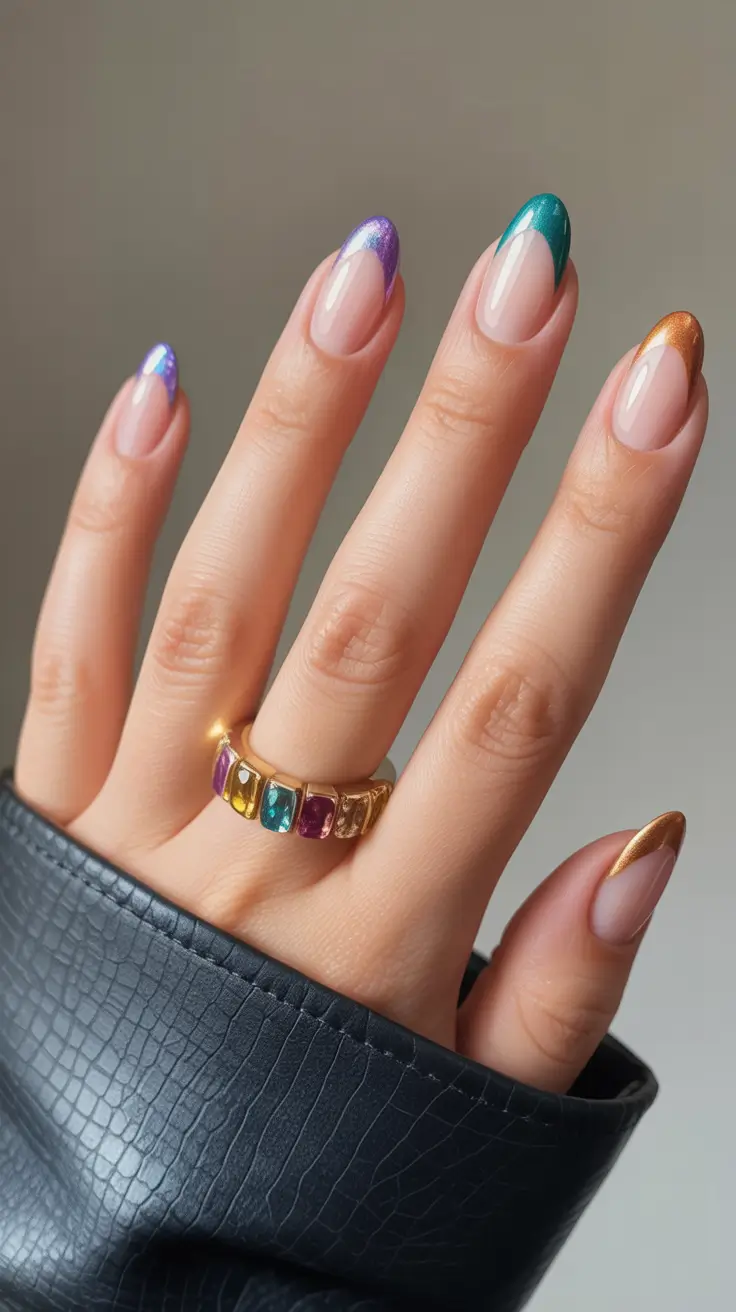 boho spring almond nails 2026 Metallic Boho French with Jewel Tones