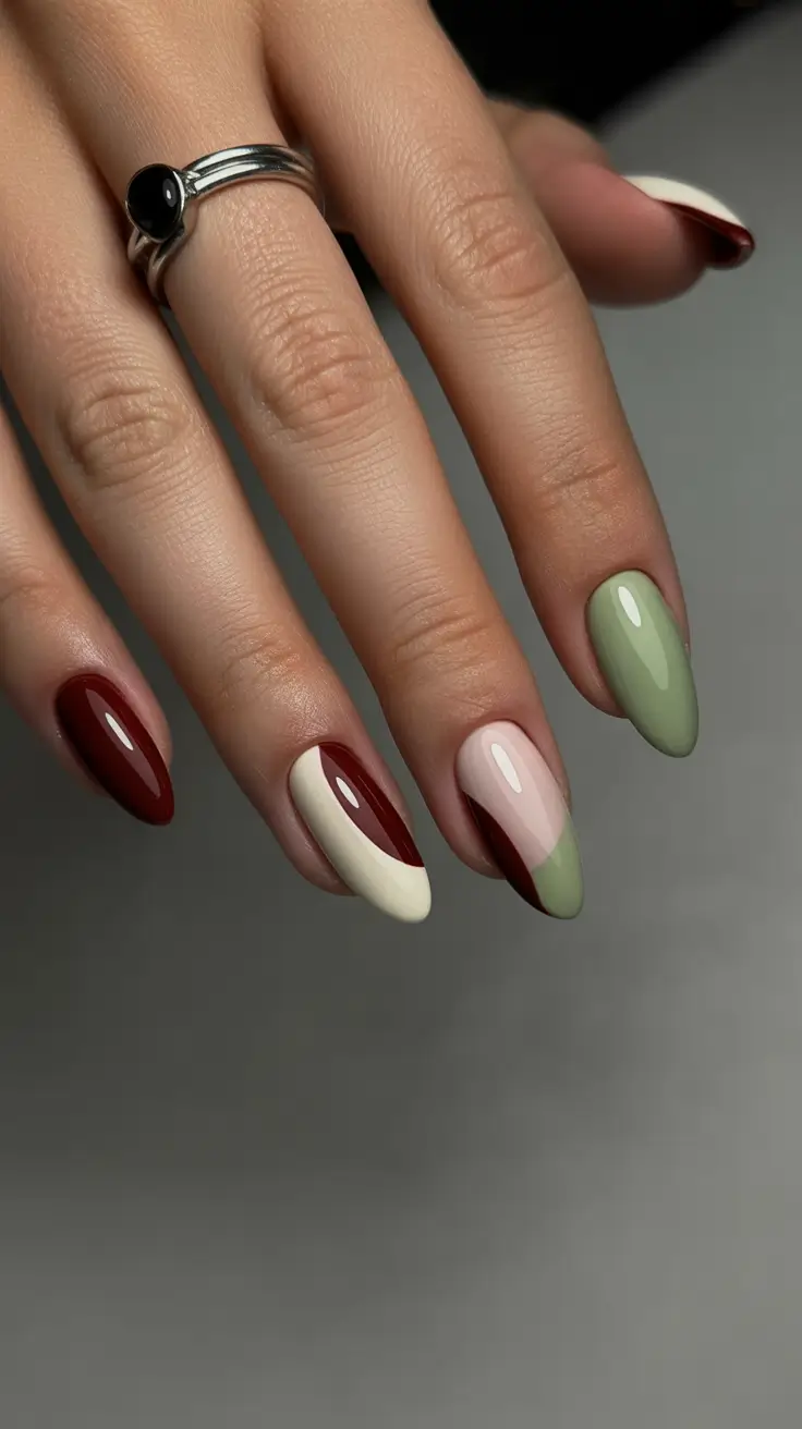boho spring almond nails 2026 Earthy Retro Color Block Almond