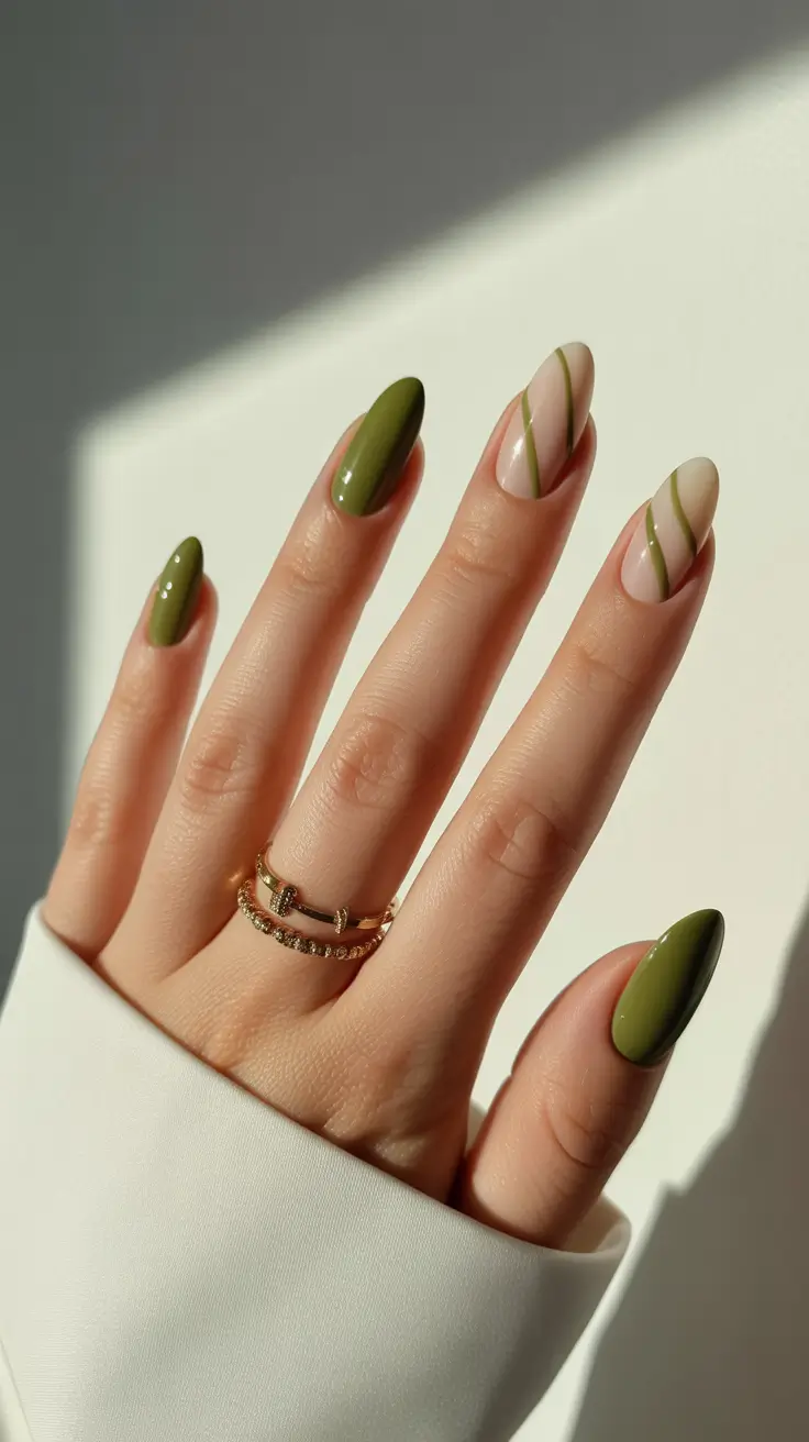 boho spring almond nails 2026 Olive Botanical Minimal Lines