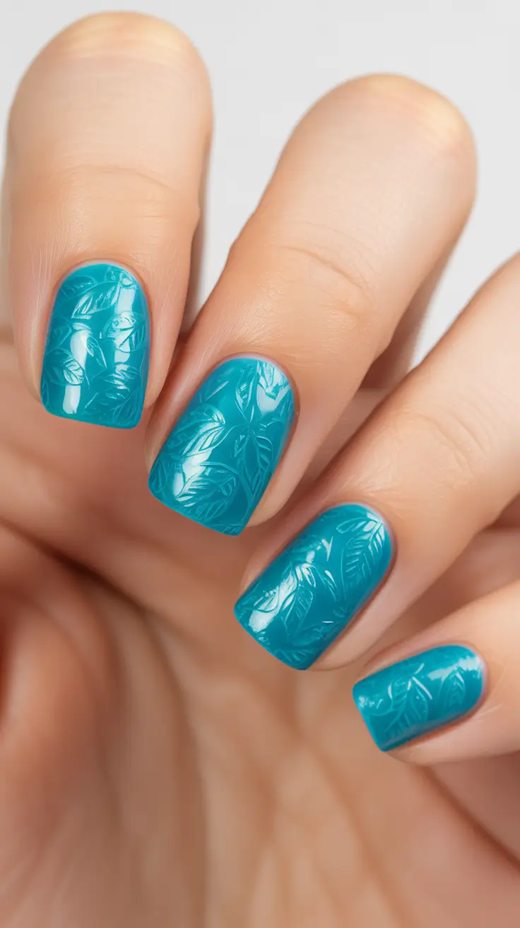 diy spring nails acrylic 2026 Fresh Turquoise Botanical Texture for Early Spring Nails