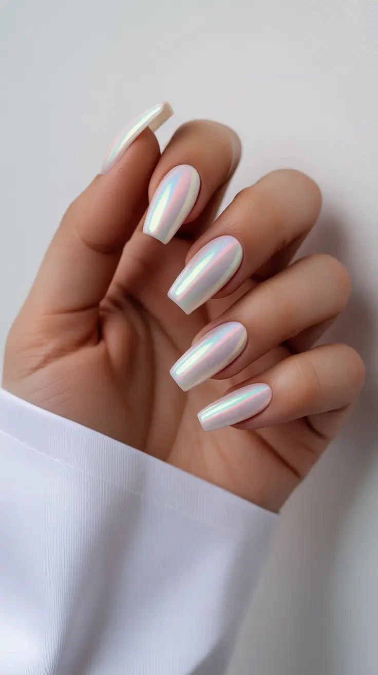 diy spring nails acrylic 2026 Iridescent Pearl Chrome Spring Acrylic Nails