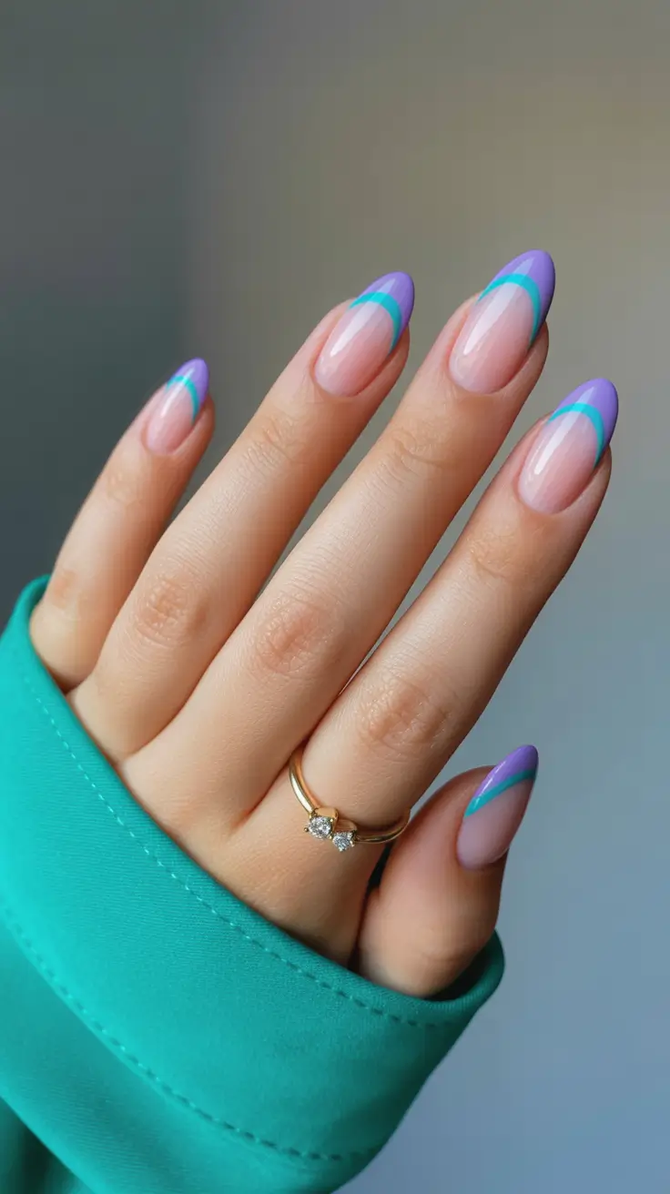 diy spring nails acrylic 2026 Modern Purple and Teal French Almond Nails