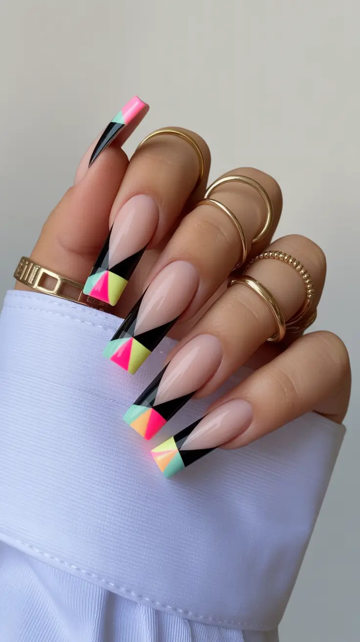 diy spring nails acrylic 2026 Graphic Neon Geometric Coffin Long Spring Nails