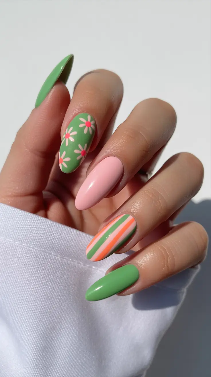 diy spring nails acrylic 2026 Playful Green Daisy Spring Acrylic Nails