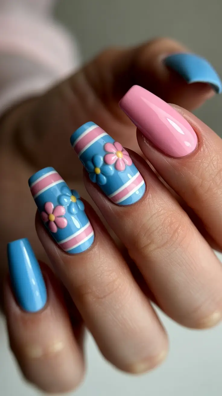 diy spring nails acrylic 2026 Retro Blue Floral Spring Nail Designs