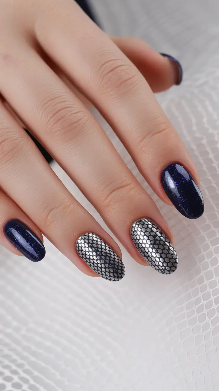diy spring nails acrylic 2026 Deep Navy and Metallic Texture Almond Nails