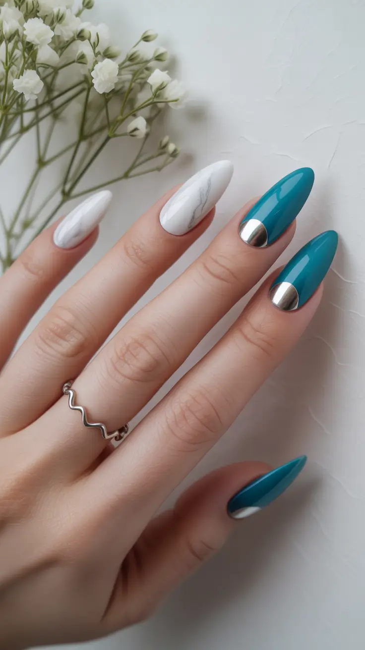 diy spring nails acrylic 2026 Teal and Marble Minimalist Spring Almond Nails