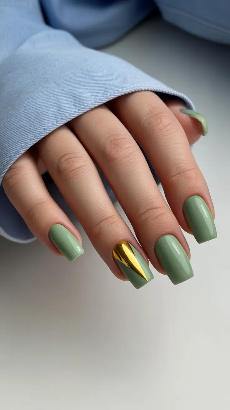 diy spring nails acrylic 2026 Sage Green Acrylic Nails with Gold Accent