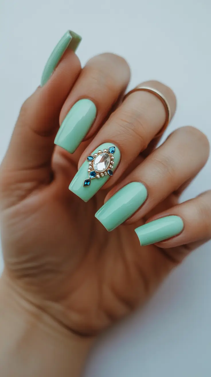 diy spring nails acrylic 2026 Soft Sage Green Jewel Accent Acrylic Nails