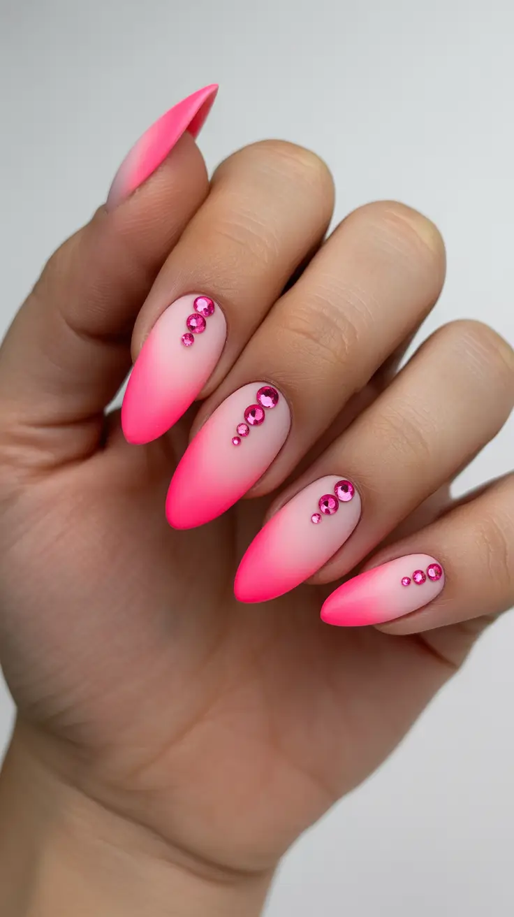 diy spring nails acrylic 2026 Pink Ombre Almond Nails with Sparkling Details