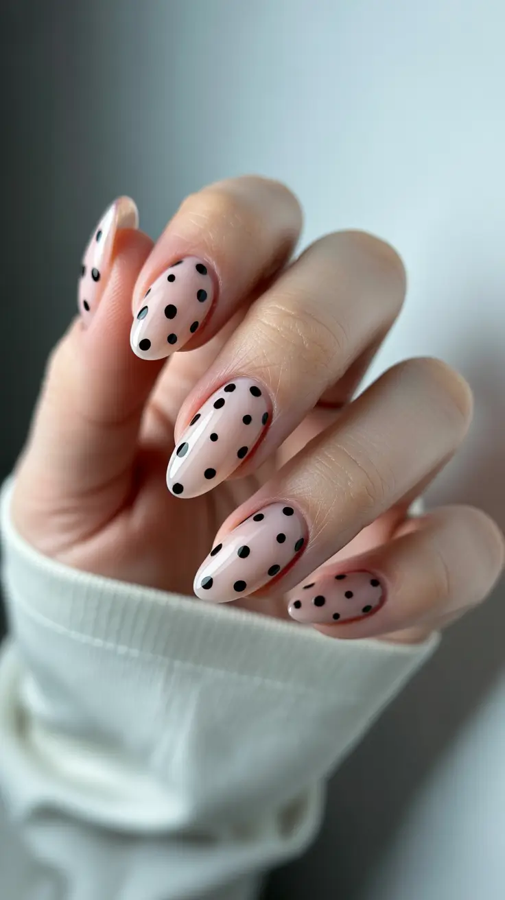 diy spring nails acrylic 2026 Playful Neutral Polka Dot Almond Nails