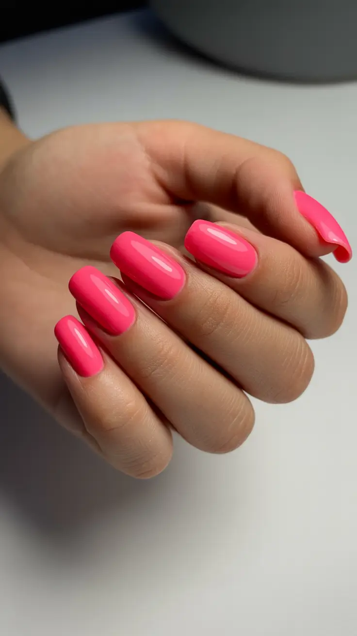 diy spring nails acrylic 2026 Glossy Bright Pink Short Square Nails