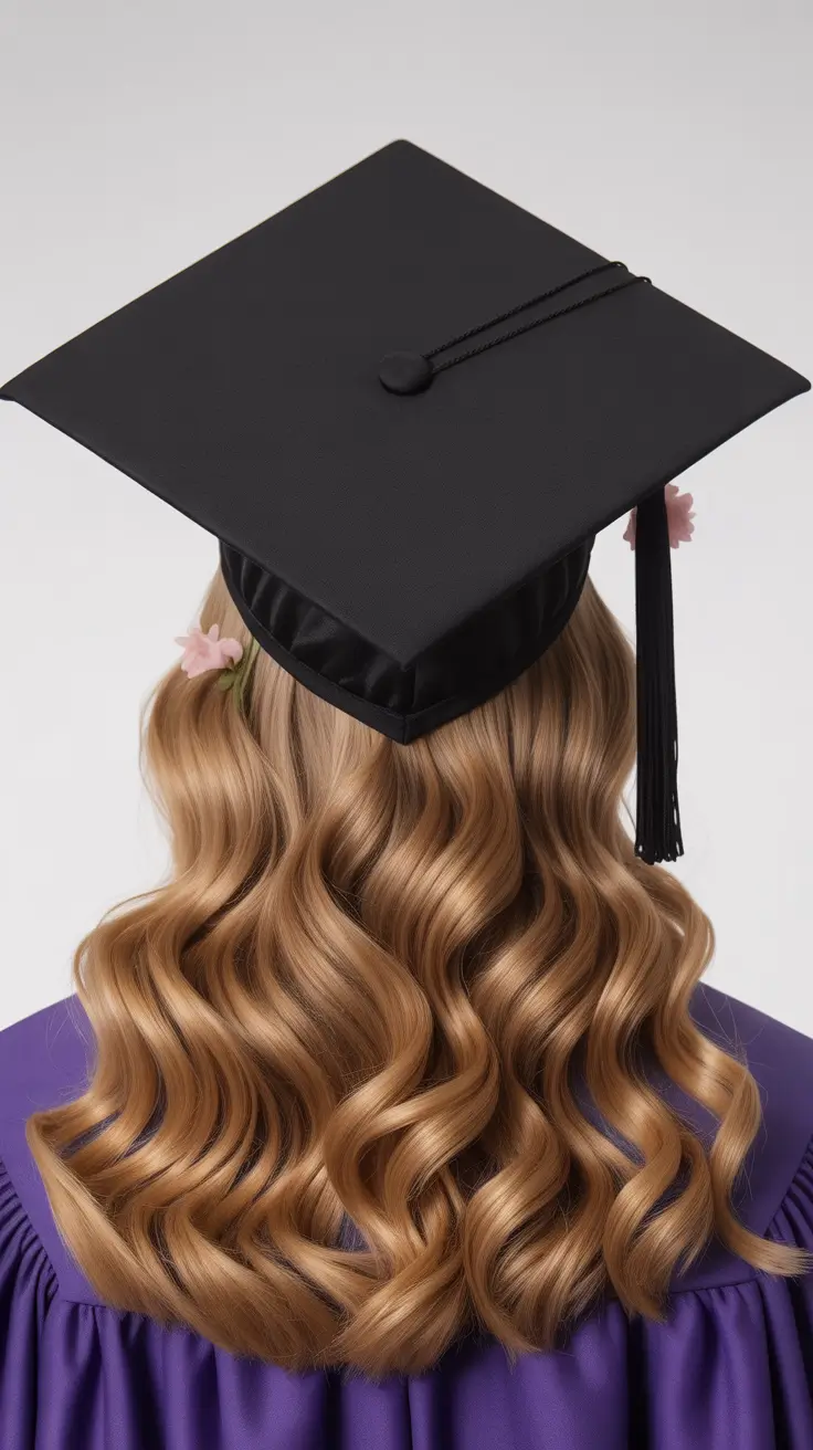 graduation hairstyles ideas 2026 Soft Defined Curls Under a Cap with Subtle Floral Detail