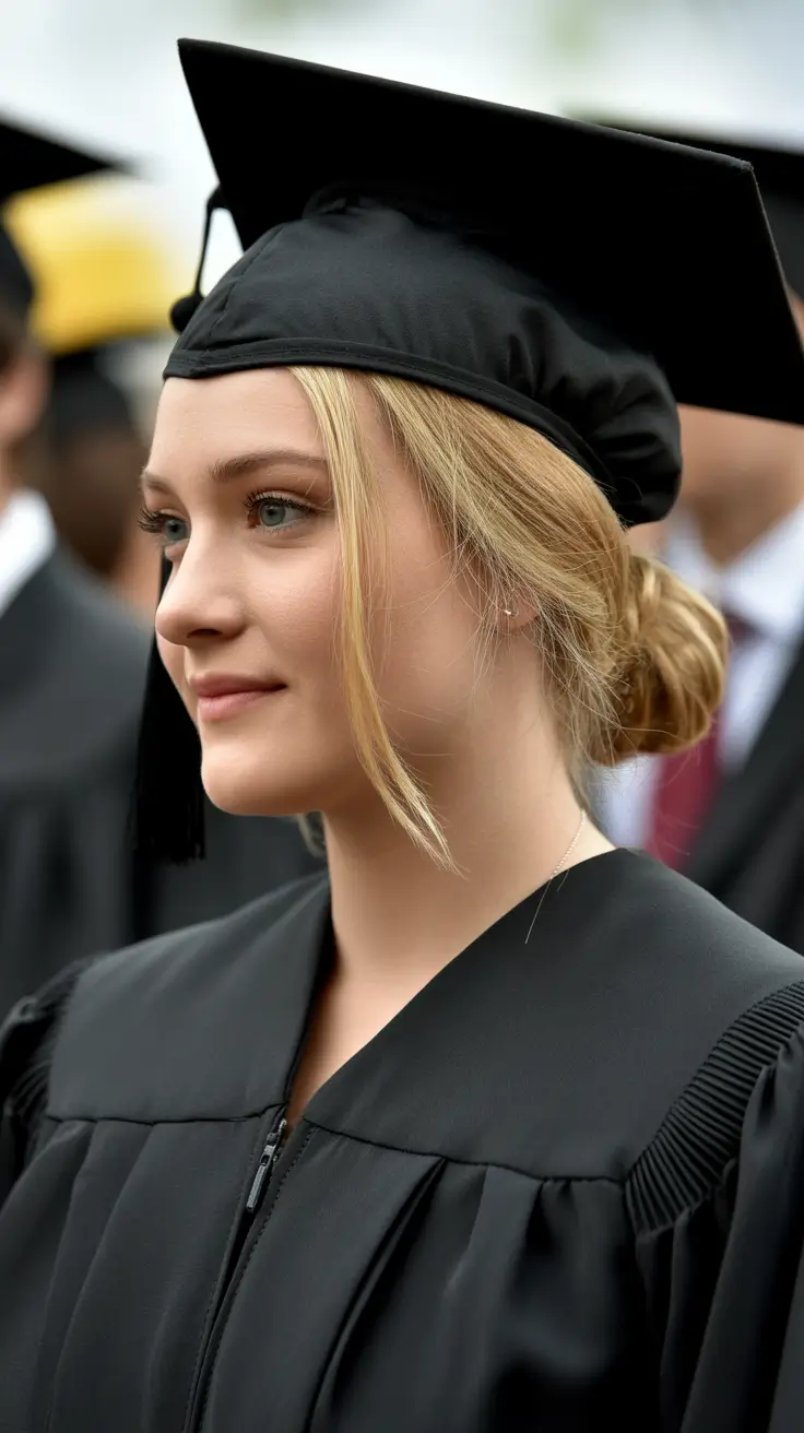 graduation hairstyles ideas 2026 Low Textured Bun with Soft Blonde Dimension for a Polished Look