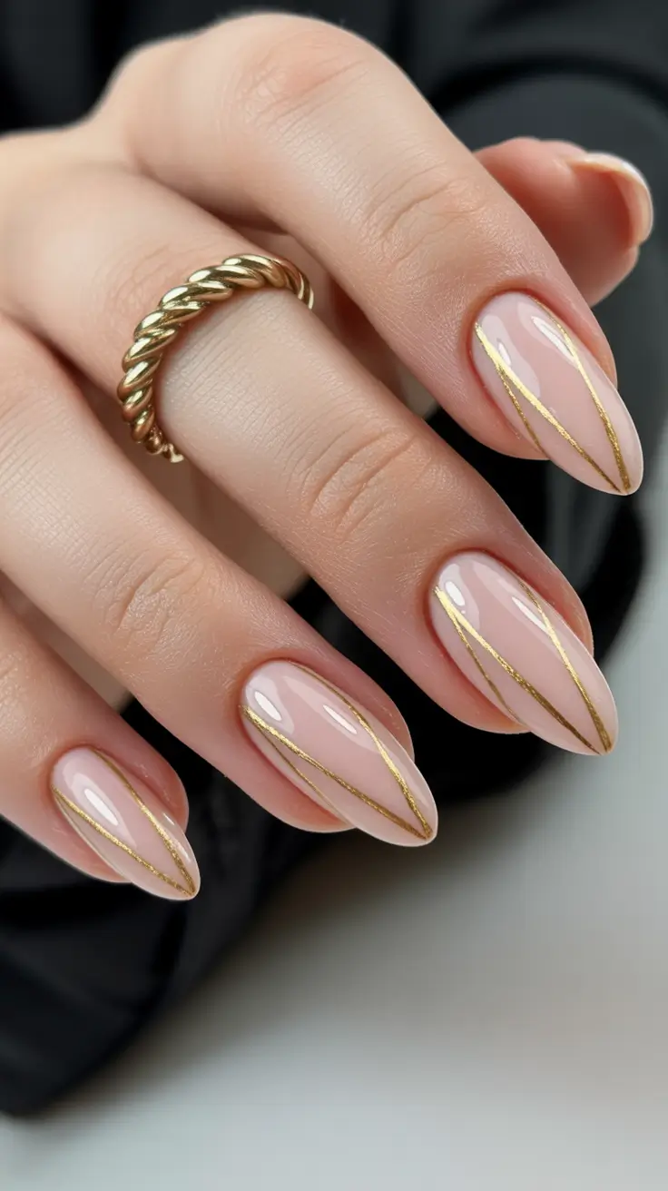 graduation nails ideas 2026 Delicate Nude Nails with Fine Gold Lines for Quiet Luxury